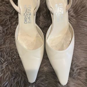 Bone white ferragamo low sling back heels